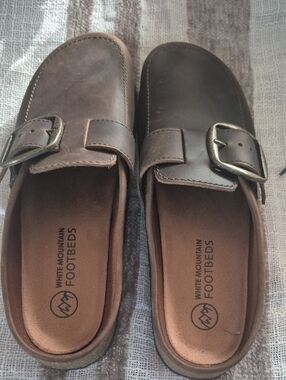 White Mountain Brown Leather Slip-On Buckle Clogs